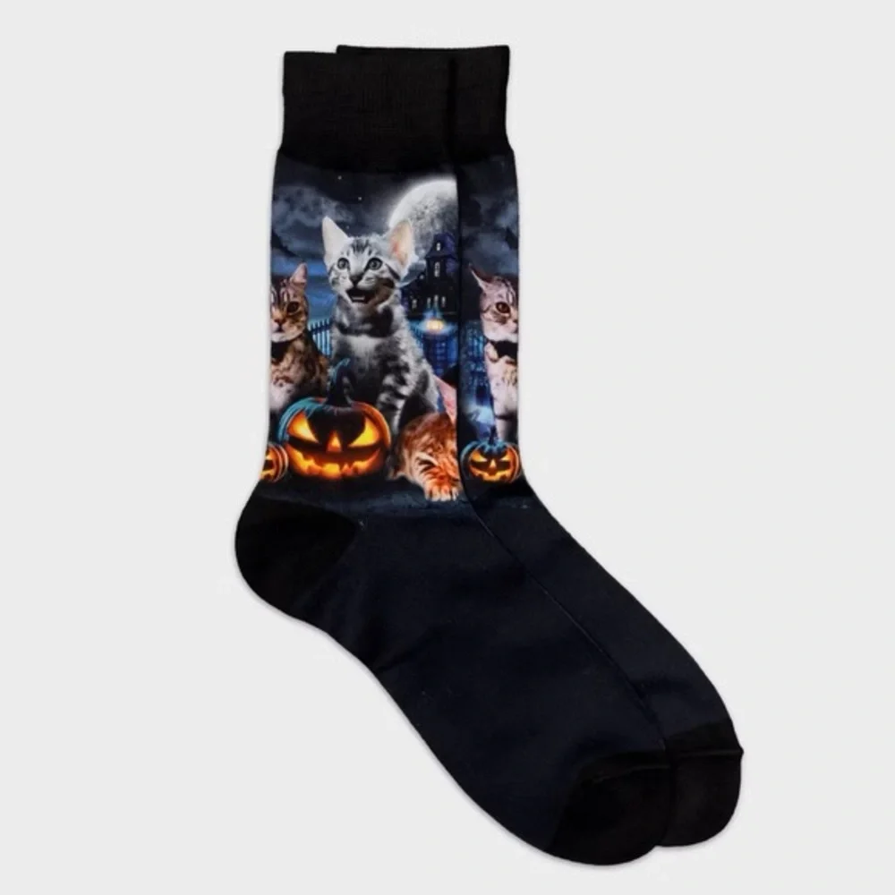Men's nwt Special Thanks Halloween Black Cats & Pumpkin Crew Socks - 6-12